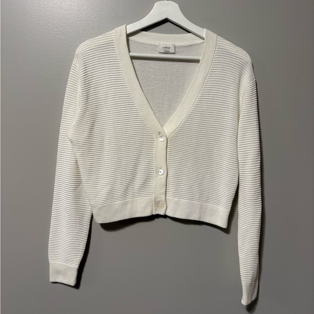 Aritzia Wilfred Santorini Cropped Textured Cream Knit Cardigan - Picture 3 of 11